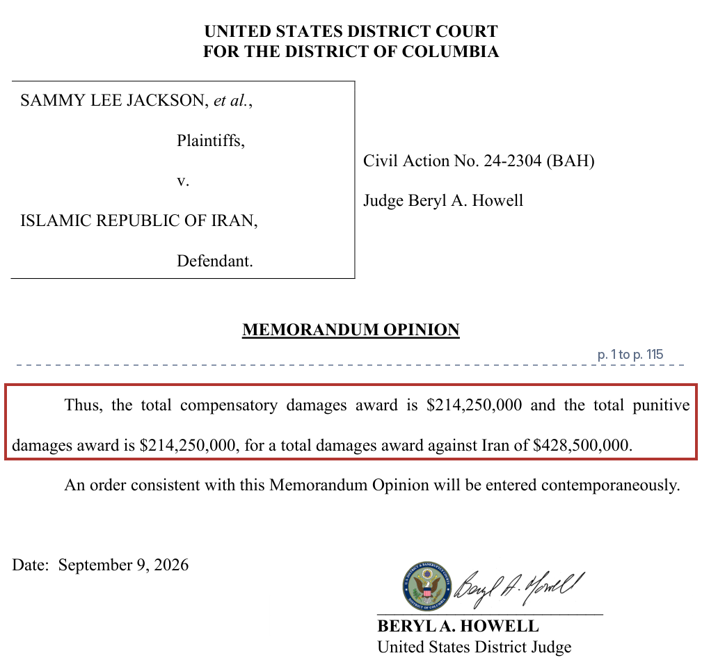 Caption page and closing paragraph of the Jackson v. Islamic Republic of Iran memorandum opinion; the sentence awarding a total of $428,500,000 against Iran is outlined